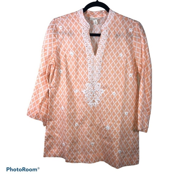 CHARTER CLUB Luxury 100% Linen Embroidered 3/4 Sleeve Tunic Top Sz S - Picture 1 of 9